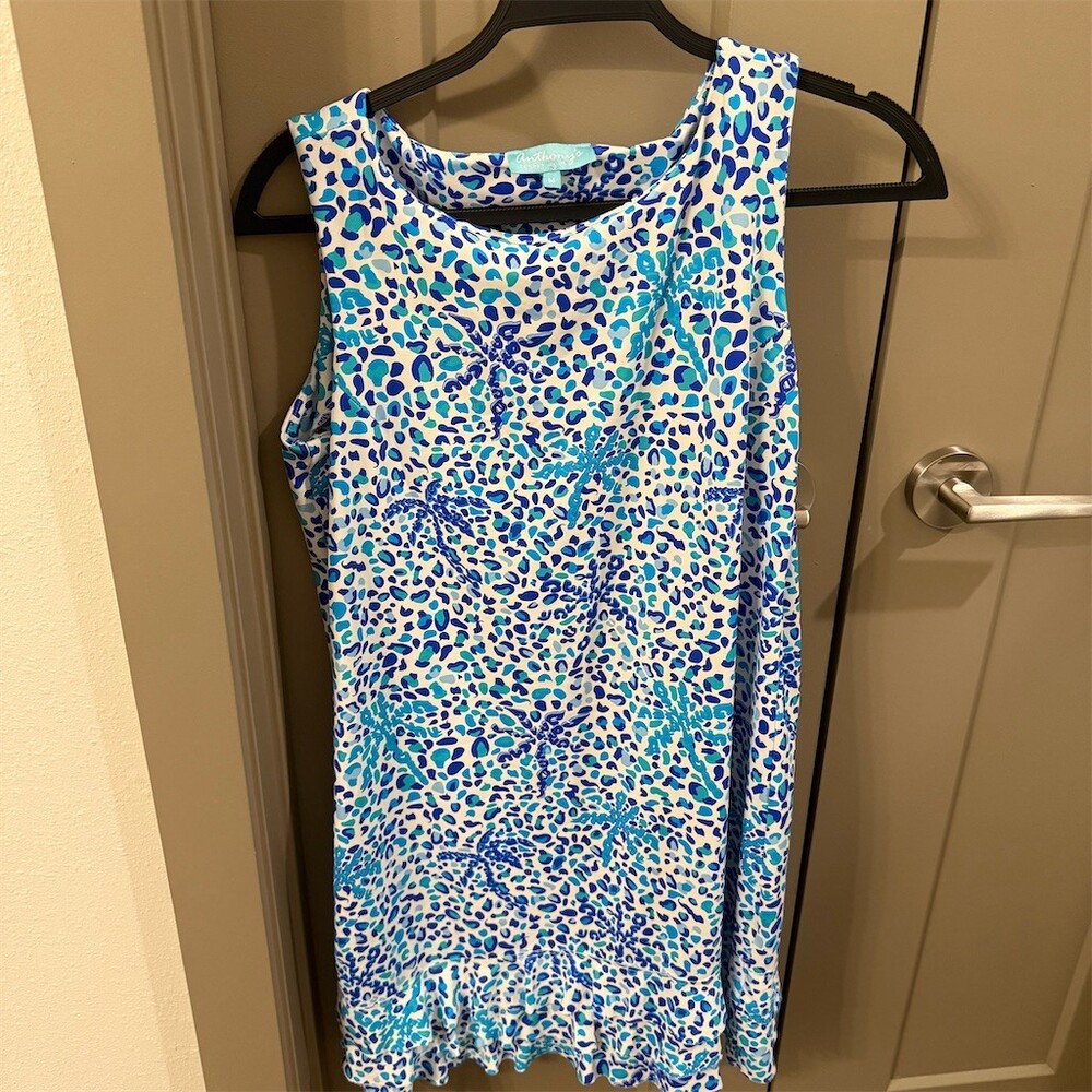 Anthony’s Resort Wear Shift Sundress Womens M Blue Teal Leopard Starfish